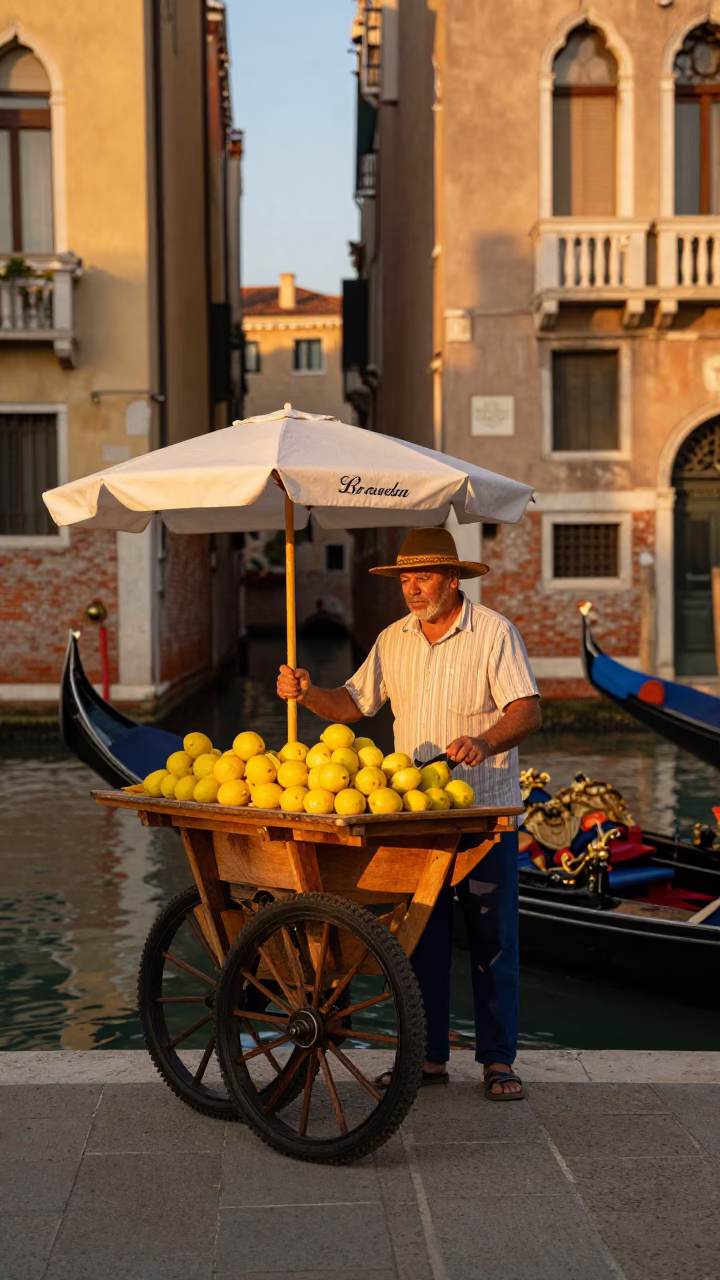 Golden Hour Venice Canal Scene with Lemon Vendor and Traditional Gondola in in Venice, Italy