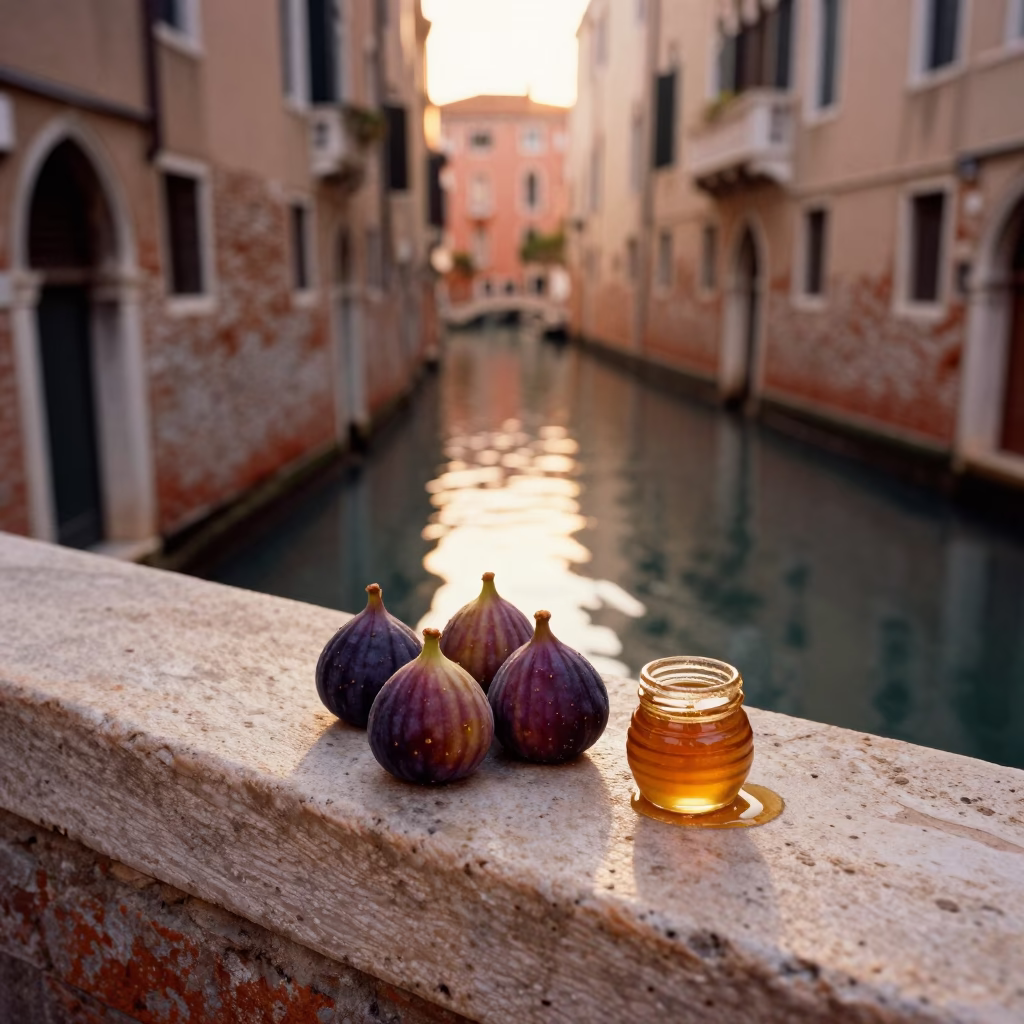Golden Hour Venice Canal Scene with Ripe Purple Figs and Honey Tray in in Venice, Italy