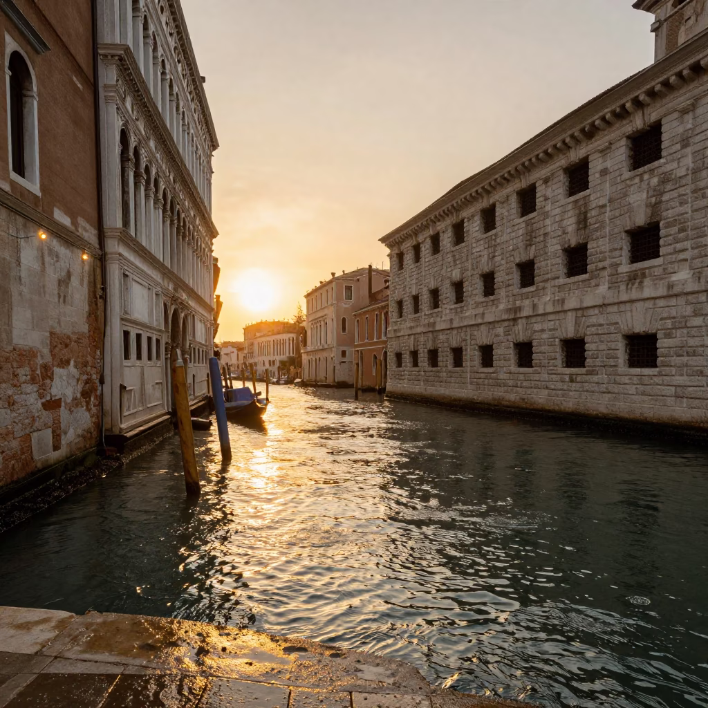 Golden Hour Venice Canal Scene with String Lights and Wet Stone Steps in in Venice, Italy