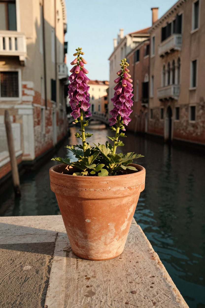 Golden Hour Venice Canal Side Terrace with Terracotta Pot and Foxglove in in Venice, Italy