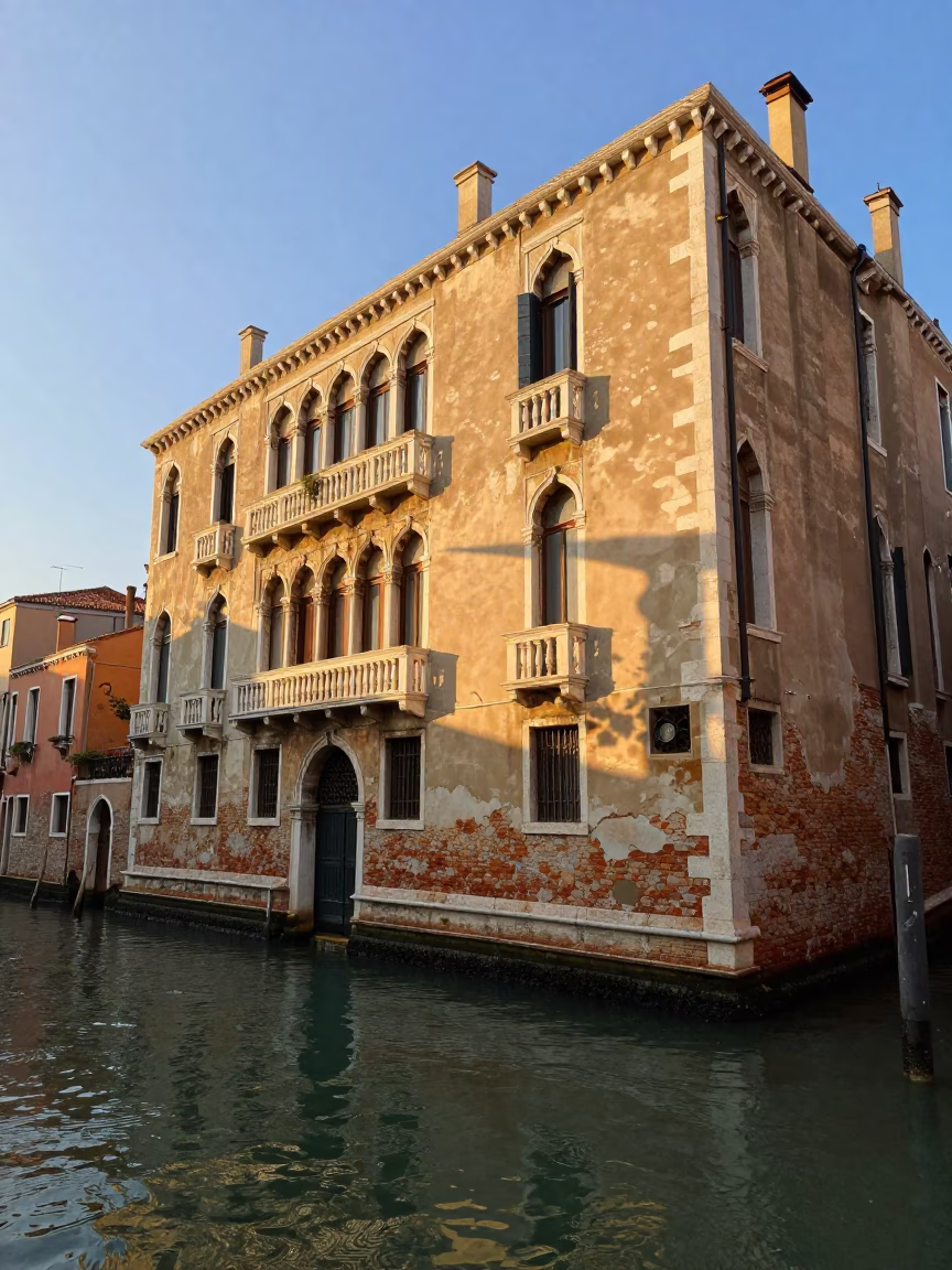 Golden Hour Venice Canal View with Historic Stone Architecture and Warm Sunset Light in in Venice, Italy