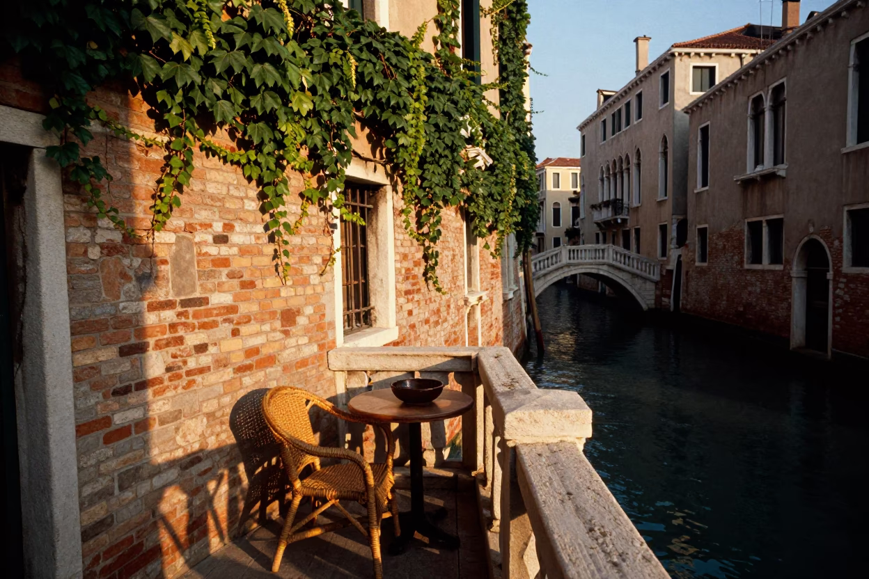 Golden Hour Venice Canal View with Rattan Chair and Bowl on Historic Stone Balcony in in Venice, Italy