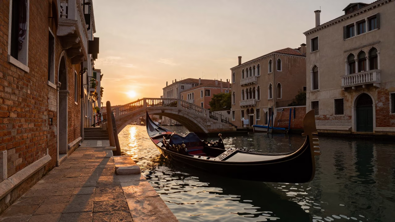 Golden Hour Venice Canal View With Striped Fabric And Watering Jug in in Venice, Italy