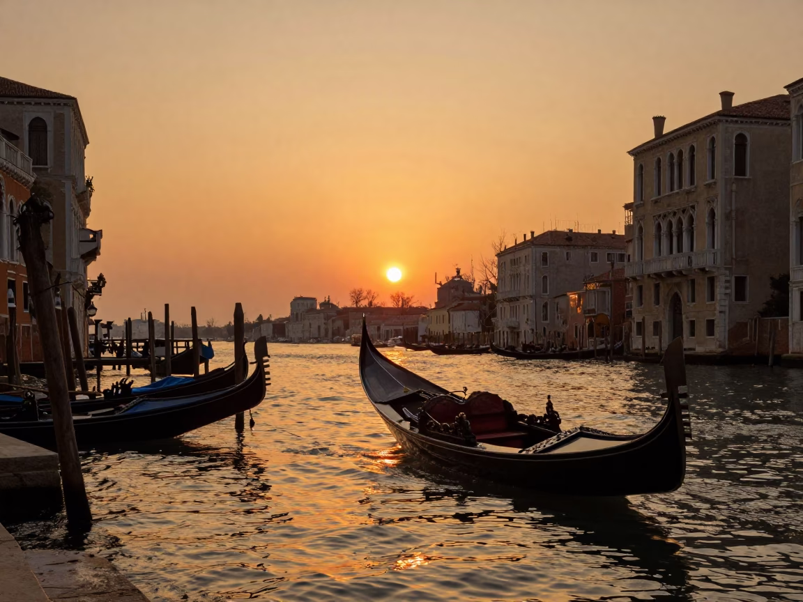 Golden Hour Venice Italy Sunset Canals and Traditional Wooden Gondolas in in Venice, Italy