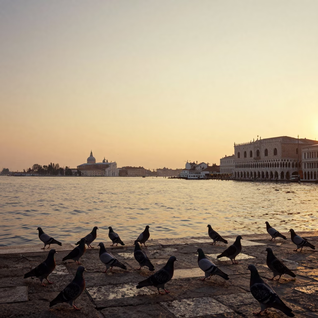 Golden Hour Venice Lagoon Panorama with Pigeons and Historic Stone Architecture in in Venice, Italy