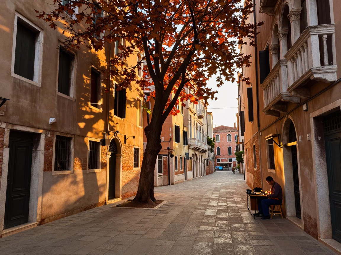 Golden Hour Venice Street Scene with Copper Beech Tree and Cobblestone Path in in Venice, Italy