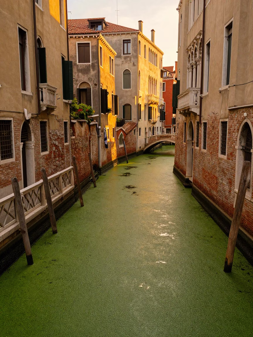 Golden Hour Venice Street Scene with Duckweed Pond and Traditional Architecture in in Venice, Italy