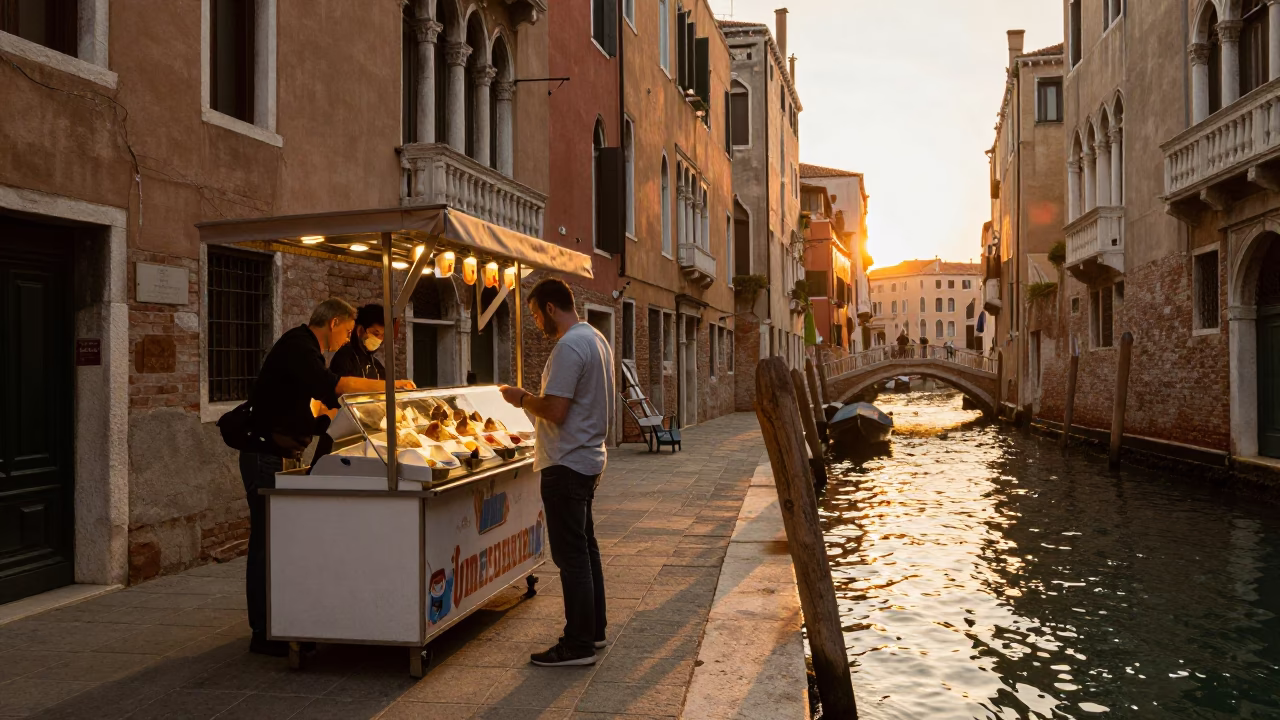 Golden Hour Venice Street Scene with Gelato Display and Local Interaction in in Venice, Italy