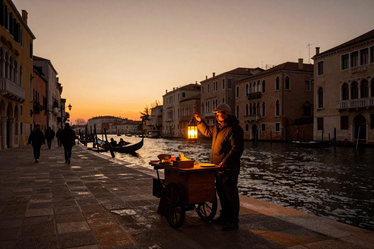 Golden Hour Venice Street Scene with Lantern and Harborage in in Venice, Italy