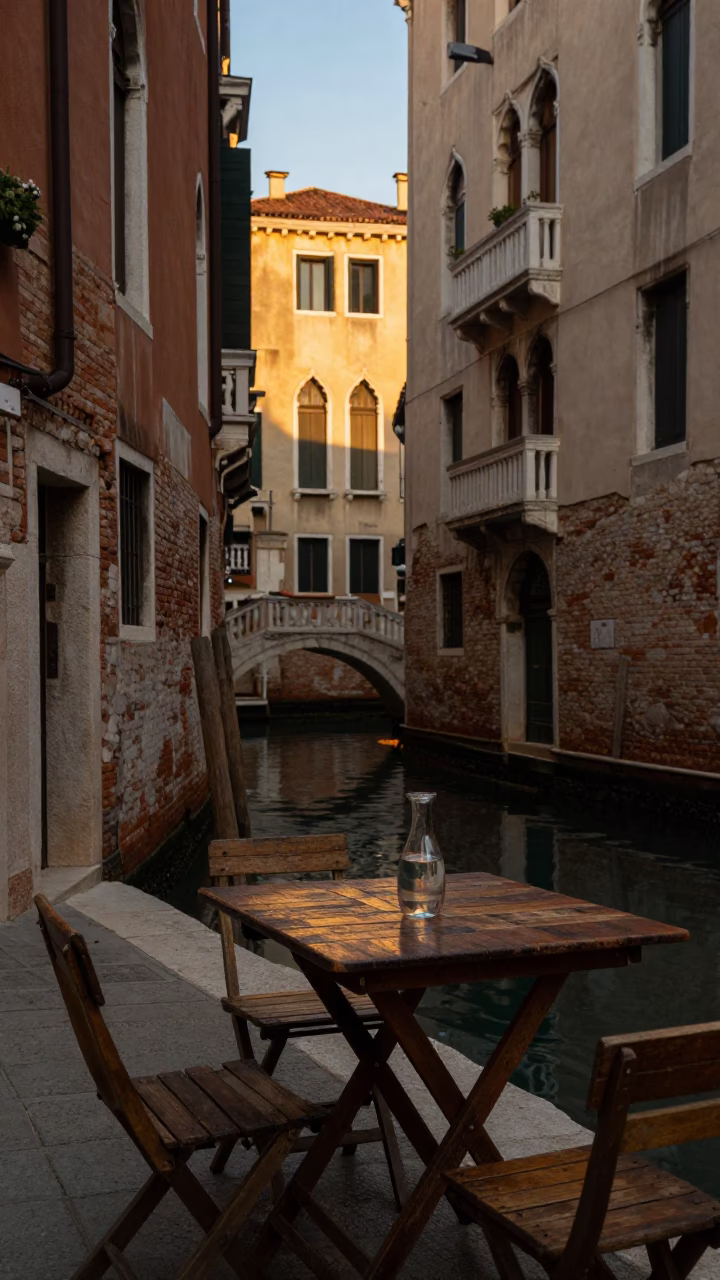 Golden Hour Venice Street Scene with Local Dining and Vintage Details in in Venice, Italy
