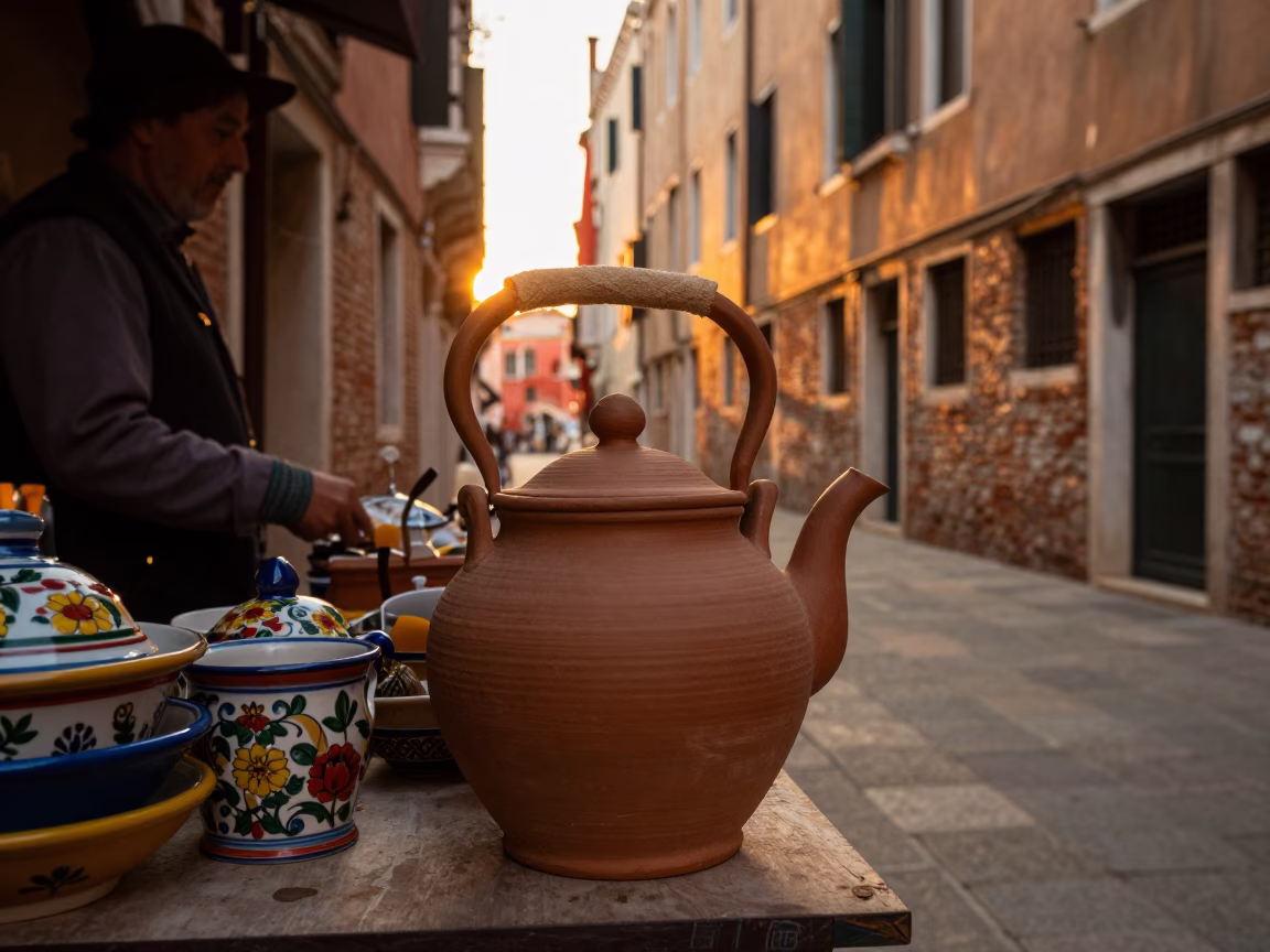 Golden Hour Venice Street Scene with Traditional Clay Teapot and Local Interaction in in Venice, Italy