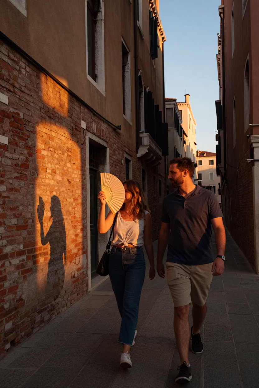 Golden Hour Venice Sunset Stroll with Paper Fan and Canal Reflections in in Venice, Italy