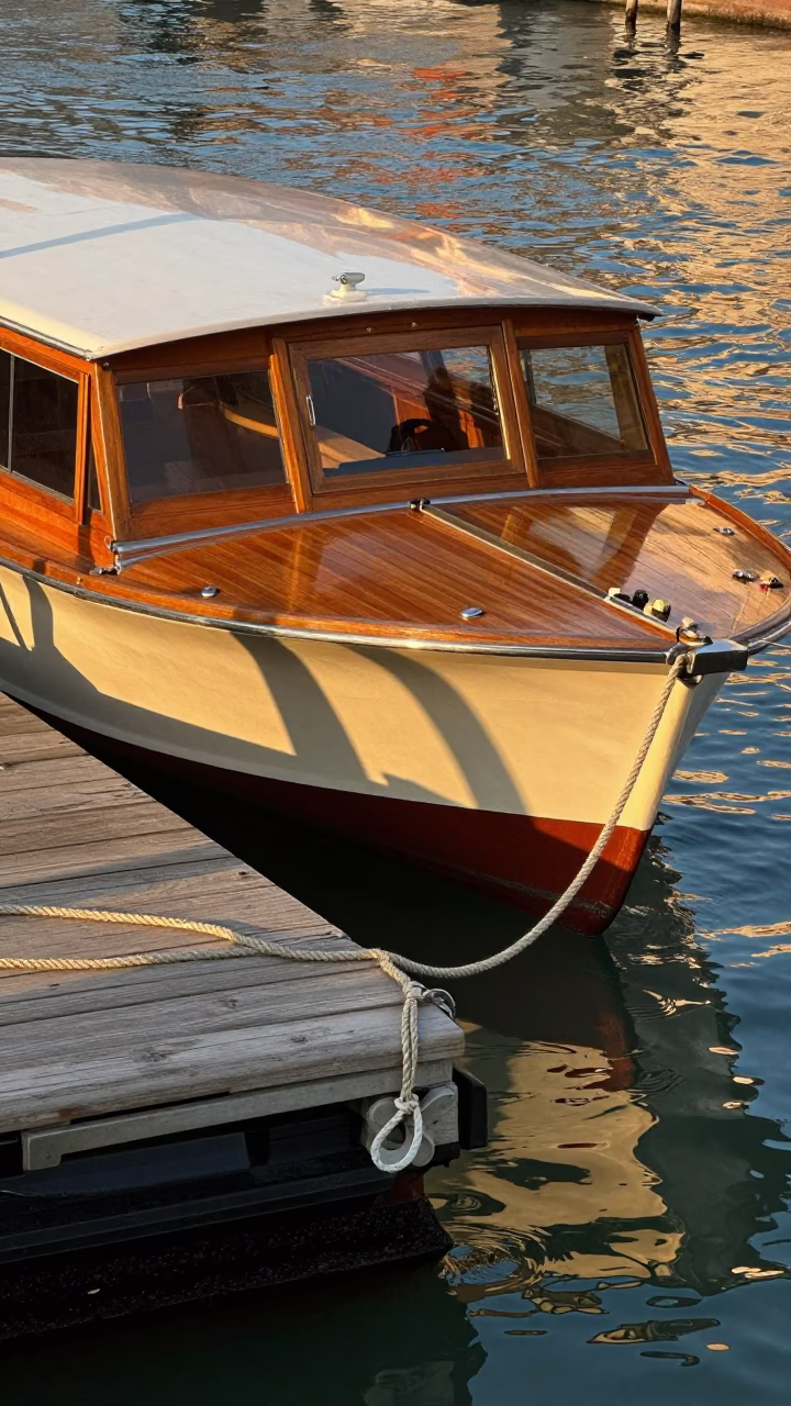 Golden Hour Venice Water Taxi at Floating Dock with Twine Details in in Venice, Italy
