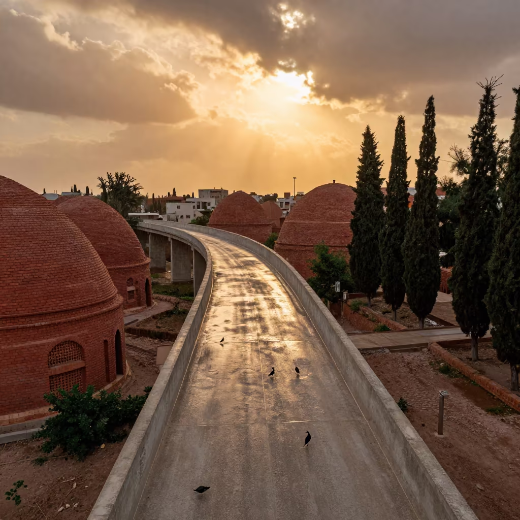 Golden Hour Viaduct Curving Through Cypress Kilns in beneath a bridge span near Jeddah