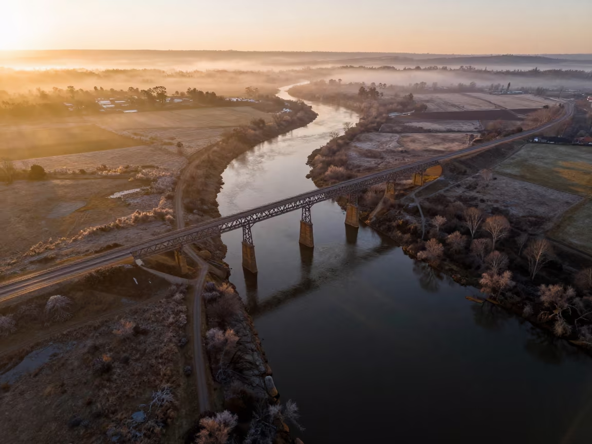 Golden Hour Viaduct Over Braided River Channels in high above braided river channels near Pretoria