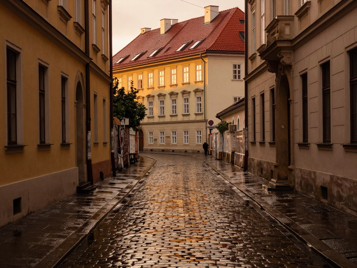 Golden Hour Vienna Alleyway Rain Reflections and Urban Texture in in Vienna, Austria