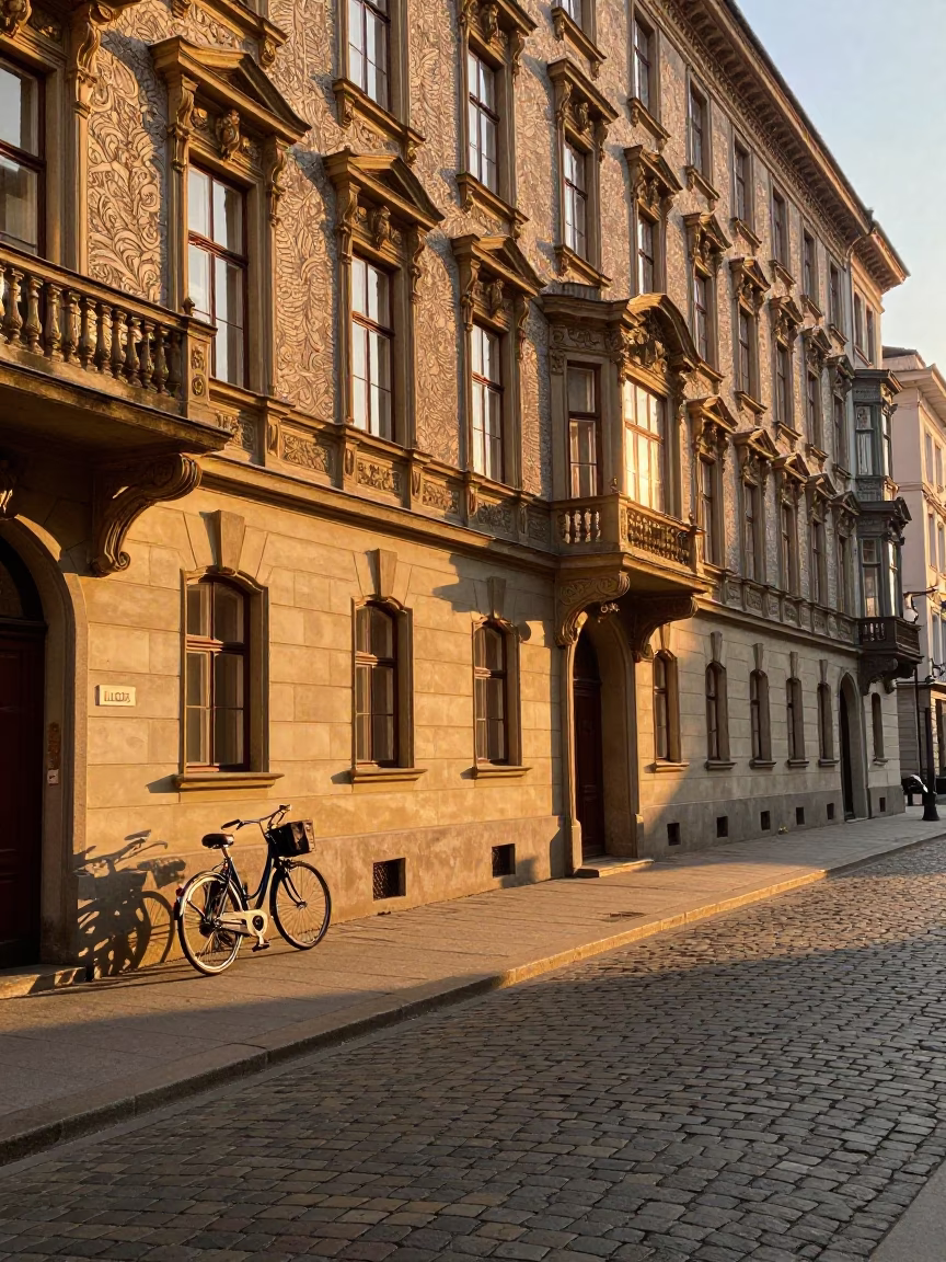 Golden Hour Vienna Street Scene with Bicycle and Cobblestone Architecture in in Vienna, Austria