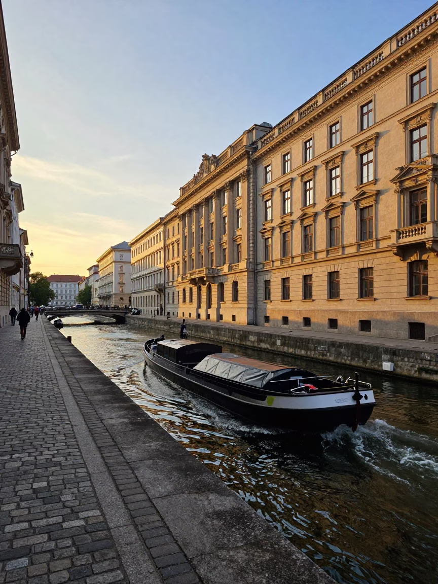 Golden Hour Vienna Street Scene with Canal Barge and Historic Architecture in in Vienna, Austria