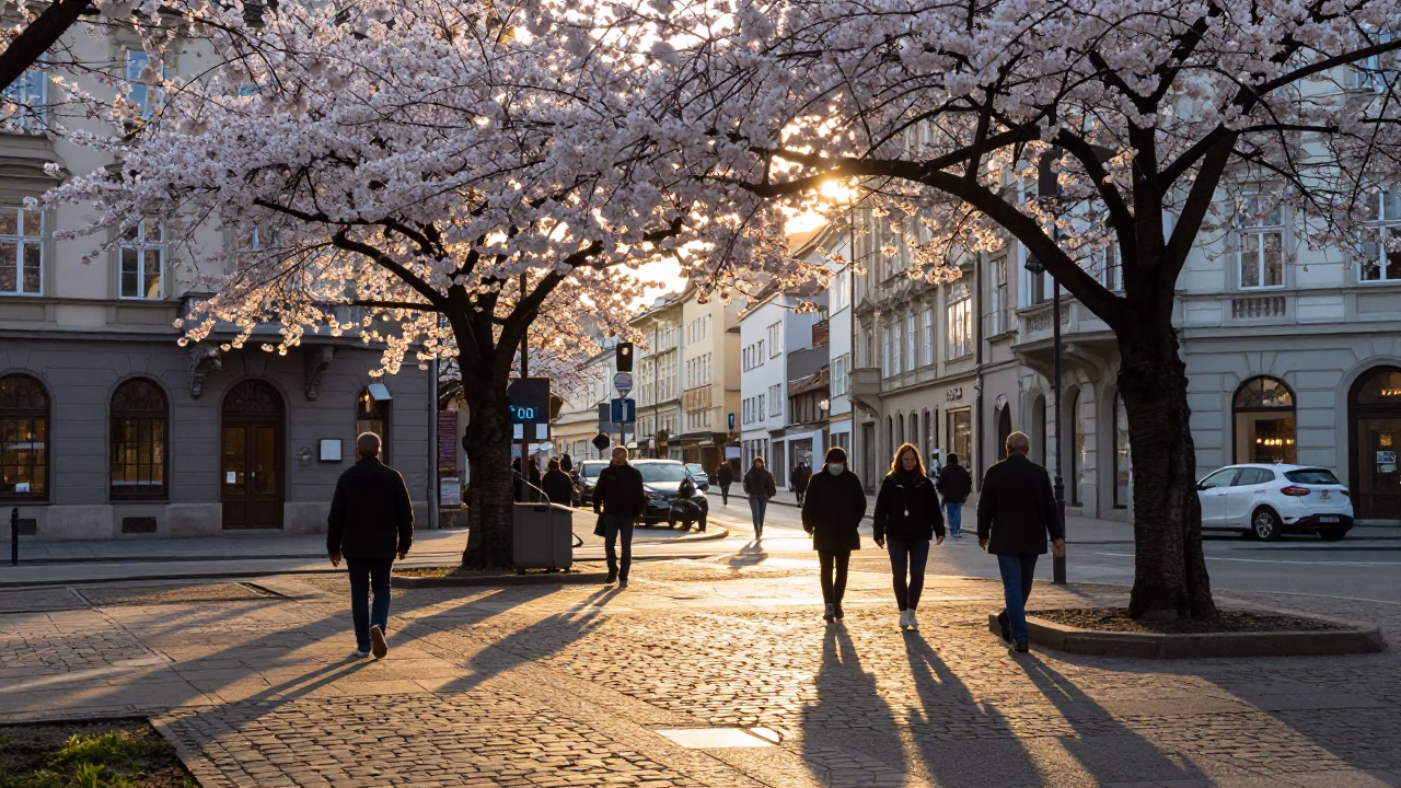 Golden Hour Vienna Street Scene with Cherry Blossoms and Local Life in in Vienna, Austria