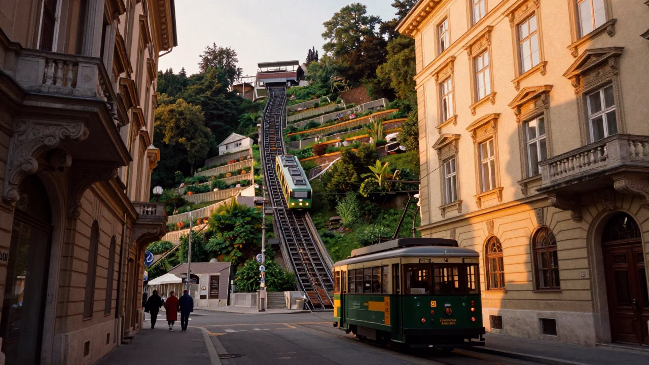 Golden Hour Vienna Street Scene with Funicular Railway and Historic Architecture in in Vienna, Austria