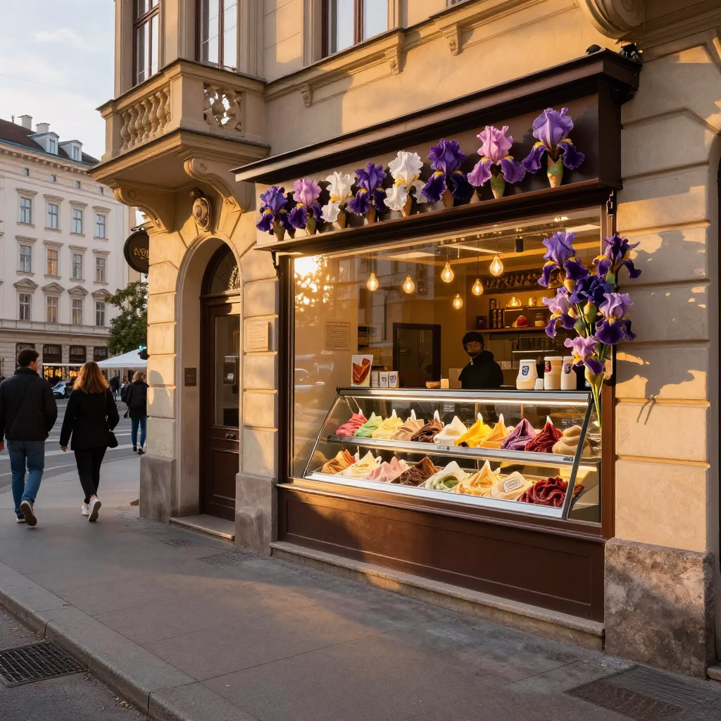 Golden Hour Vienna Street Scene with Gelato Display and Iris Blossoms in in Vienna, Austria