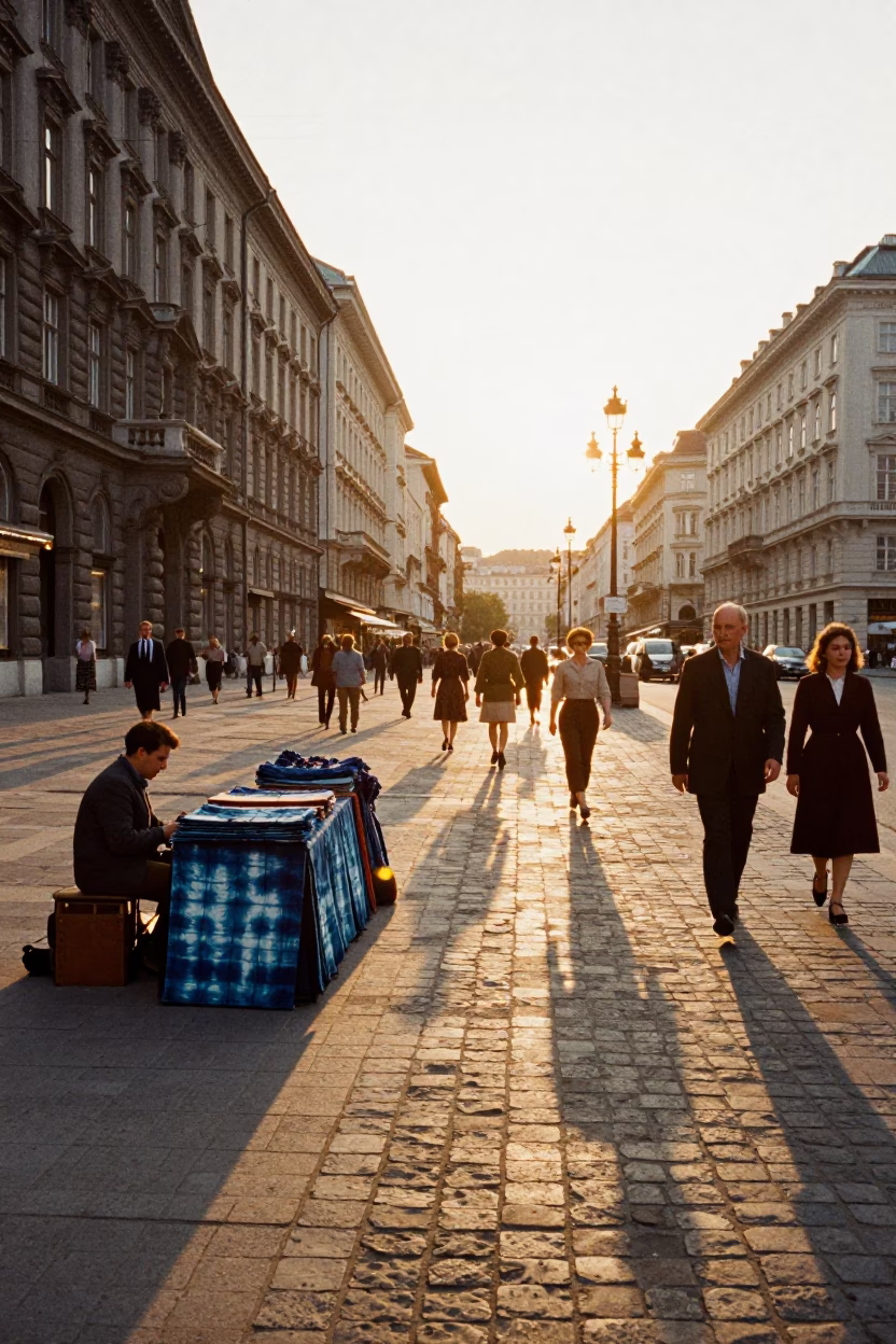 Golden Hour Vienna Street Scene with Indigo Fabric and Vintage Life in in Vienna, Austria
