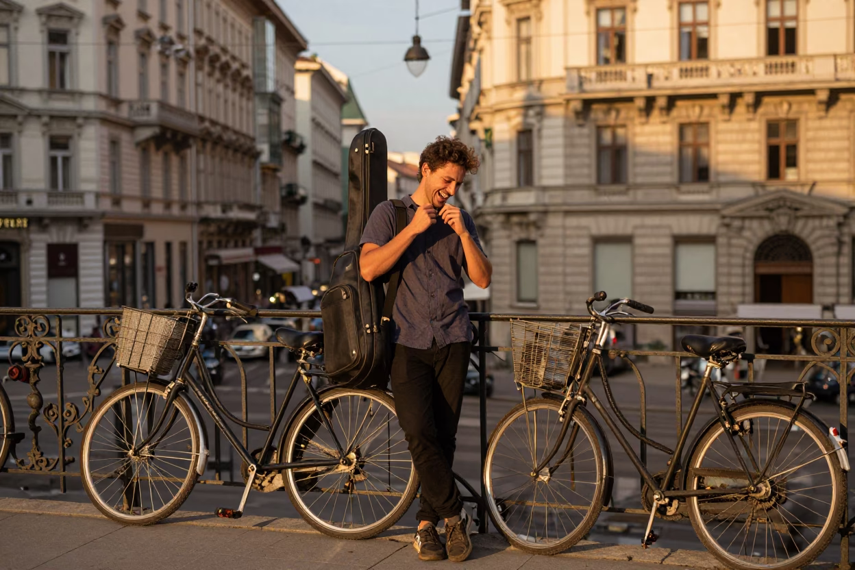 Golden Hour Vienna Street Scene with Musician and Vintage Bicycle in in Vienna, Austria