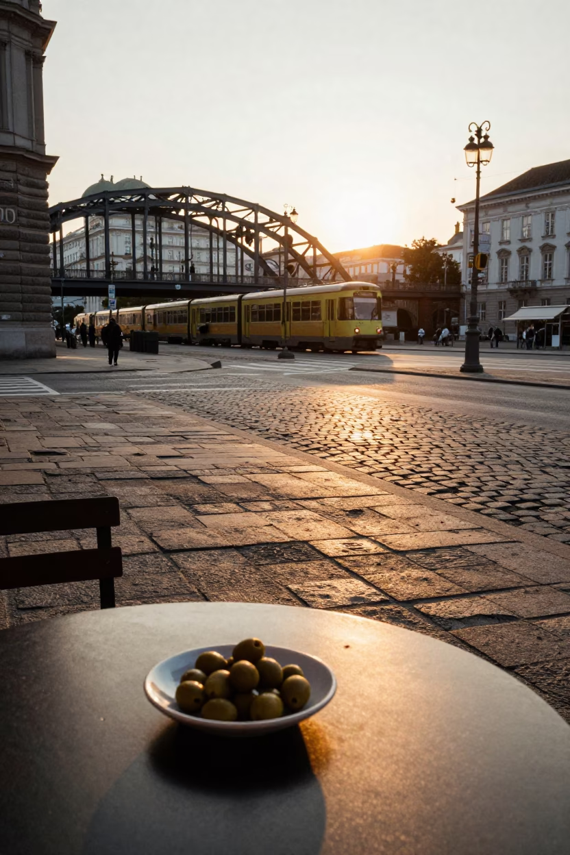 Golden Hour Vienna Street Scene with Olive Dish and Locomotive Bridge View in in Vienna, Austria