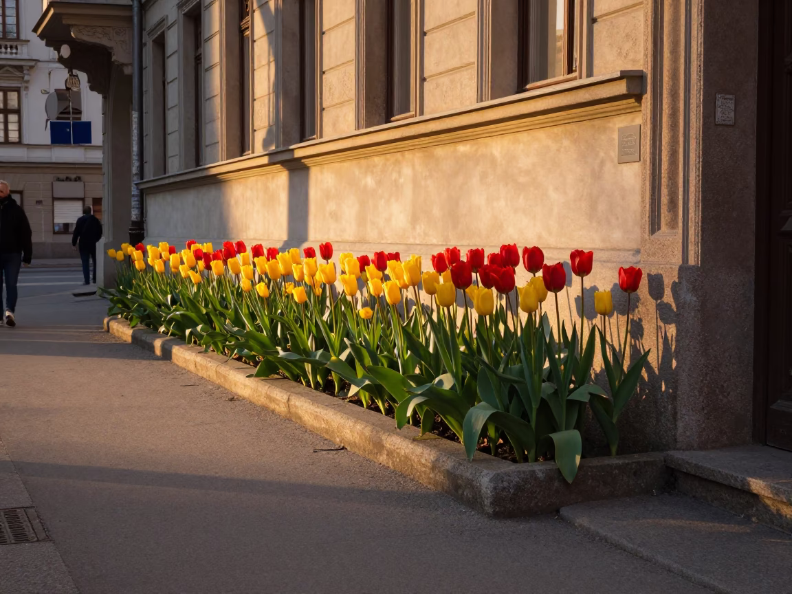 Golden Hour Vienna Street Scene with Red and Yellow Tulips and Vintage Padlock Detail in in Vienna, Austria