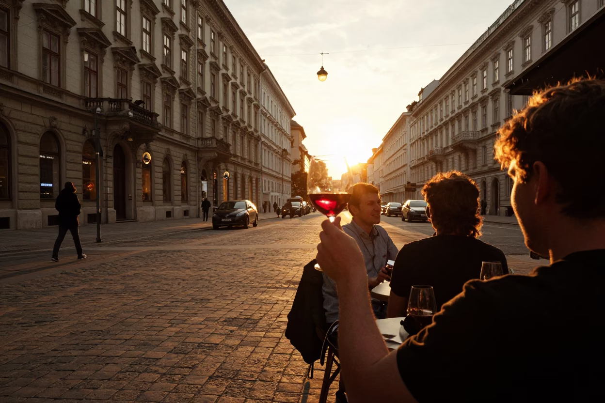 Golden Hour Vienna Street Scene with Red Wine and Urban Details in in Vienna, Austria