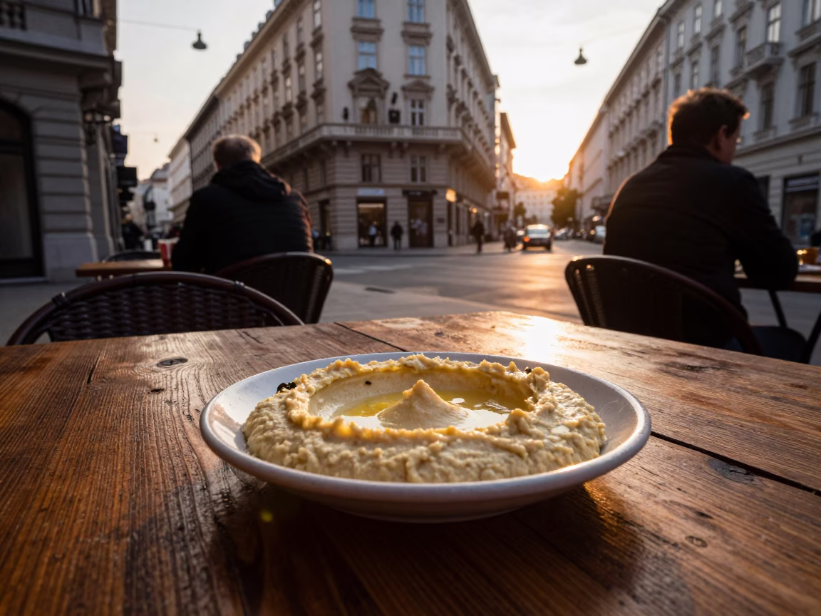 Golden Hour Vienna Street Scene with Traditional Cafe Table and Hummus Spread in in Vienna, Austria