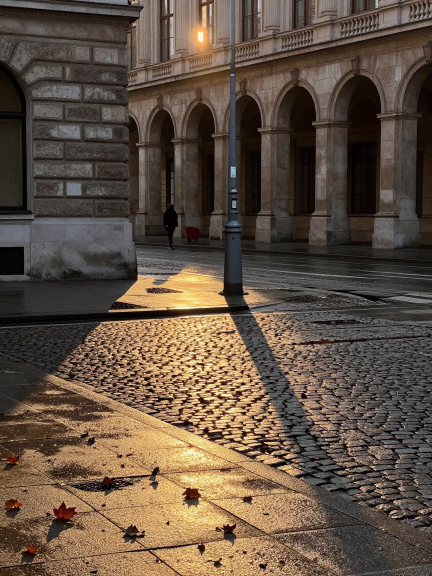 Golden Hour Vienna Street Scene with University Arcade and Wet Leaves in in Vienna, Austria
