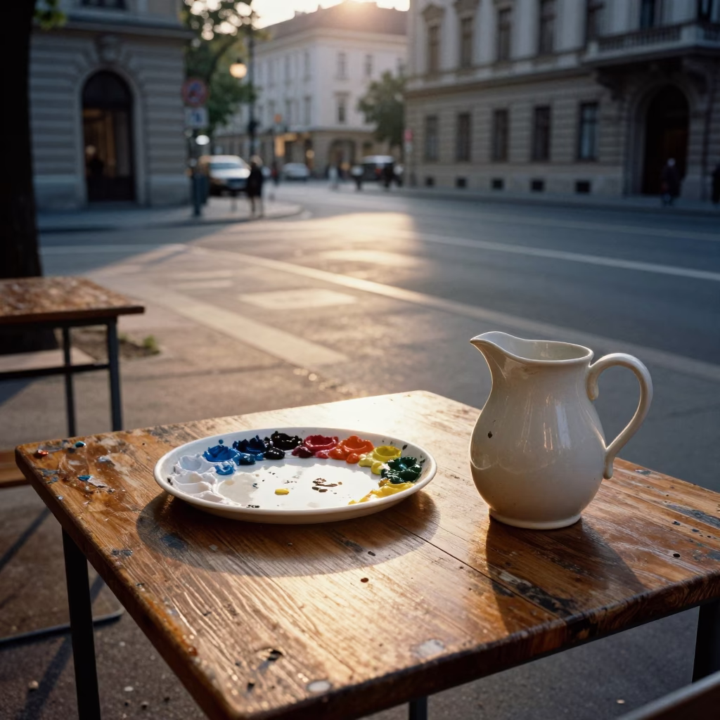 Golden Hour Vienna Street Scene with University Seminar Tray and Paint Flecks in in Vienna, Austria