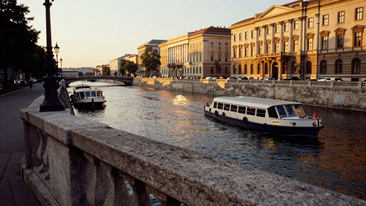 Golden Hour Vienna Street Scene with Water Taxi and Historic Architecture in in Vienna, Austria