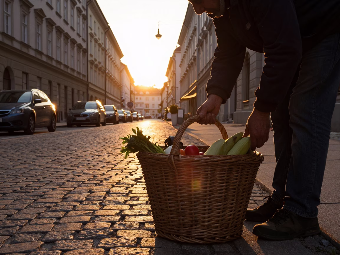 Golden Hour Vienna Street Scene with Wicker Basket and Window Light in in Vienna, Austria