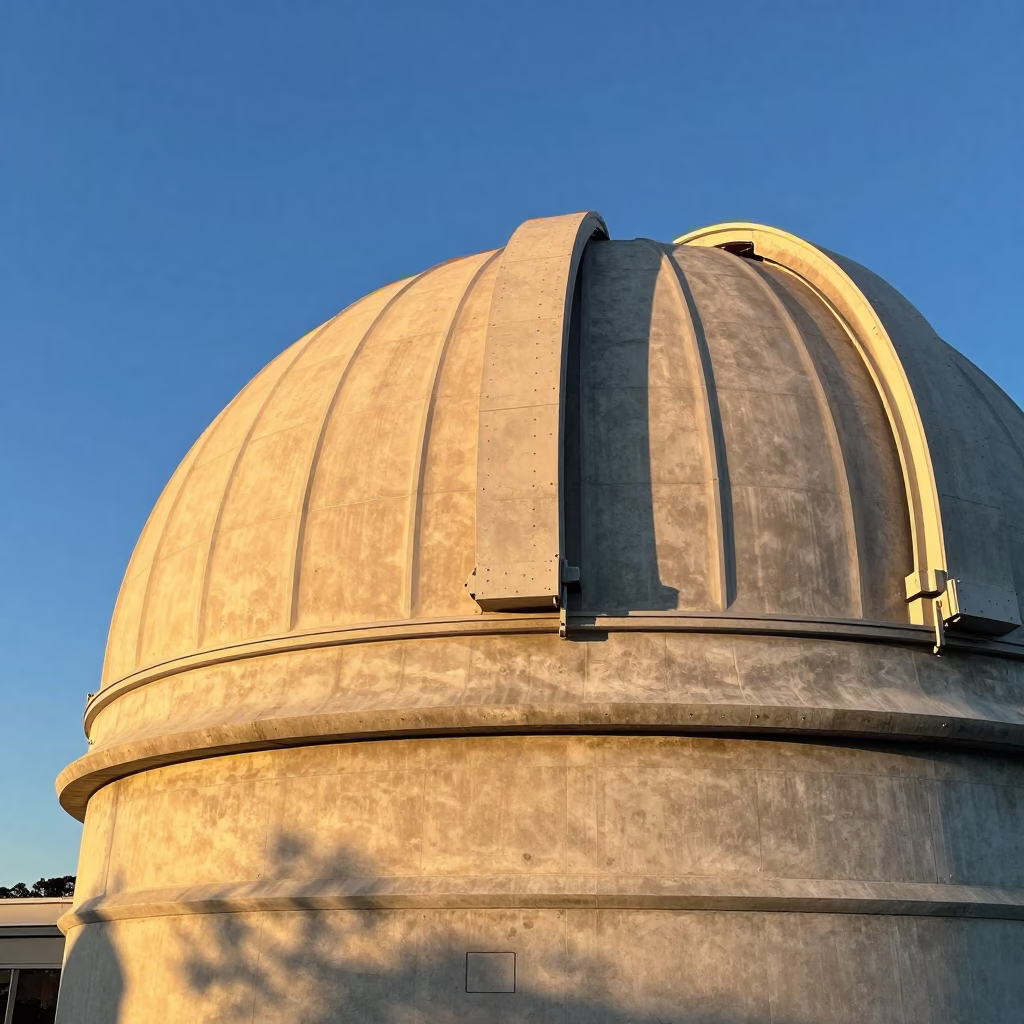 Golden Hour View of Auckland Observatory Dome Opening Under Twilight Sky in in Auckland, New Zealand