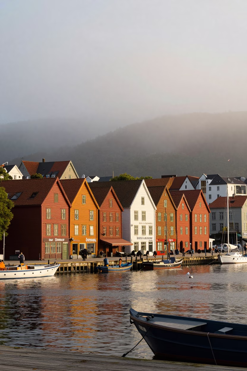 Golden Hour View of Bergen Norway with Bryggen Wharf and Drifting Fog in in Bergen, Norway
