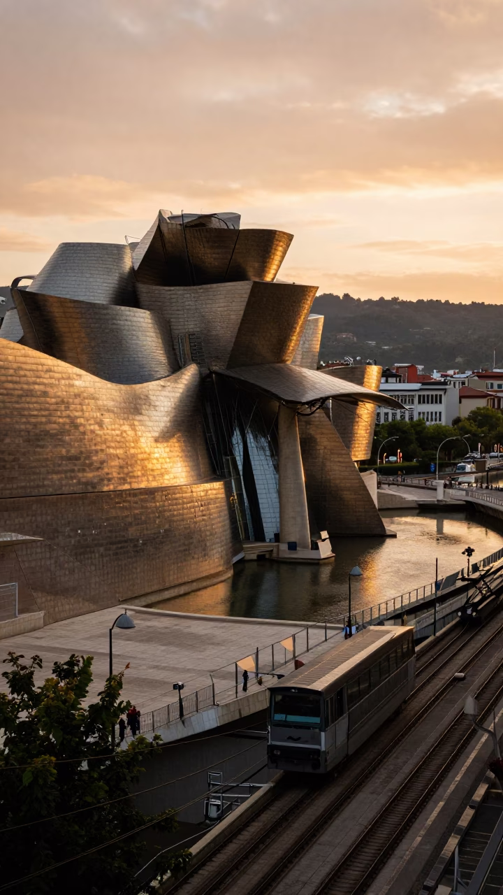 Golden Hour View of Bilbao Guggenheim Museum and Funicular Ascending Artxanda Hill in in Bilbao, Spain