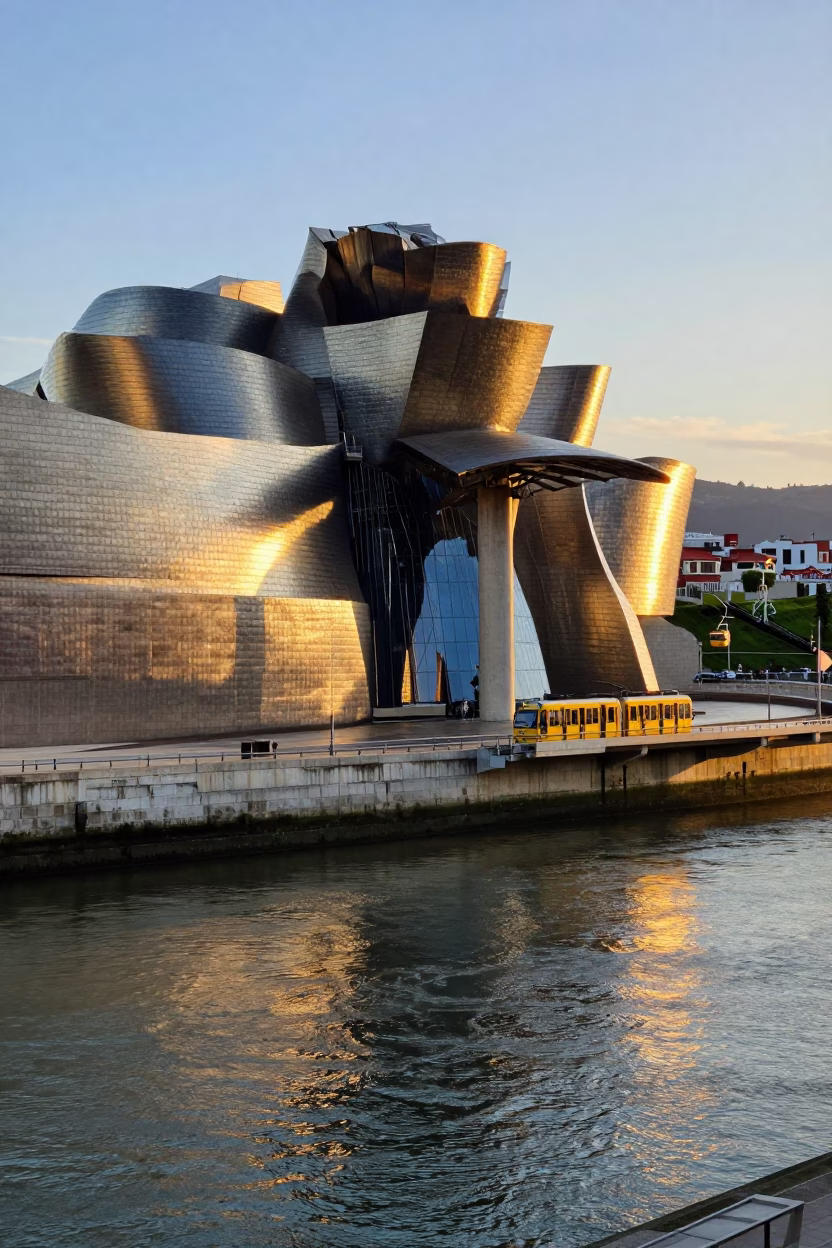 Golden Hour View of Bilbao's Guggenheim Museum and Nervion River with Funicular Cable Car in in Bilbao, Spain