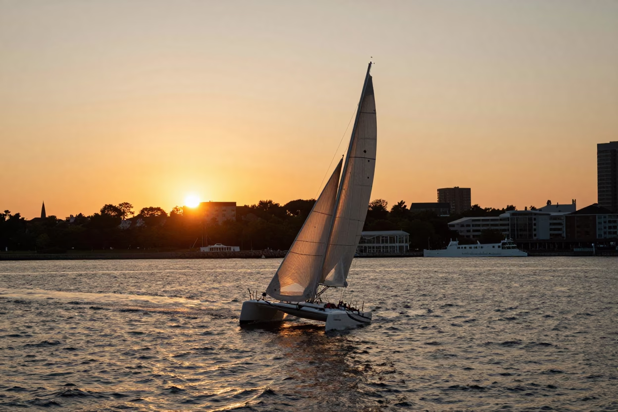 Golden Hour View of Boston Harbor with Racing Catamaran Heeling in Strong Wind in in Boston, Massachusetts, United States
