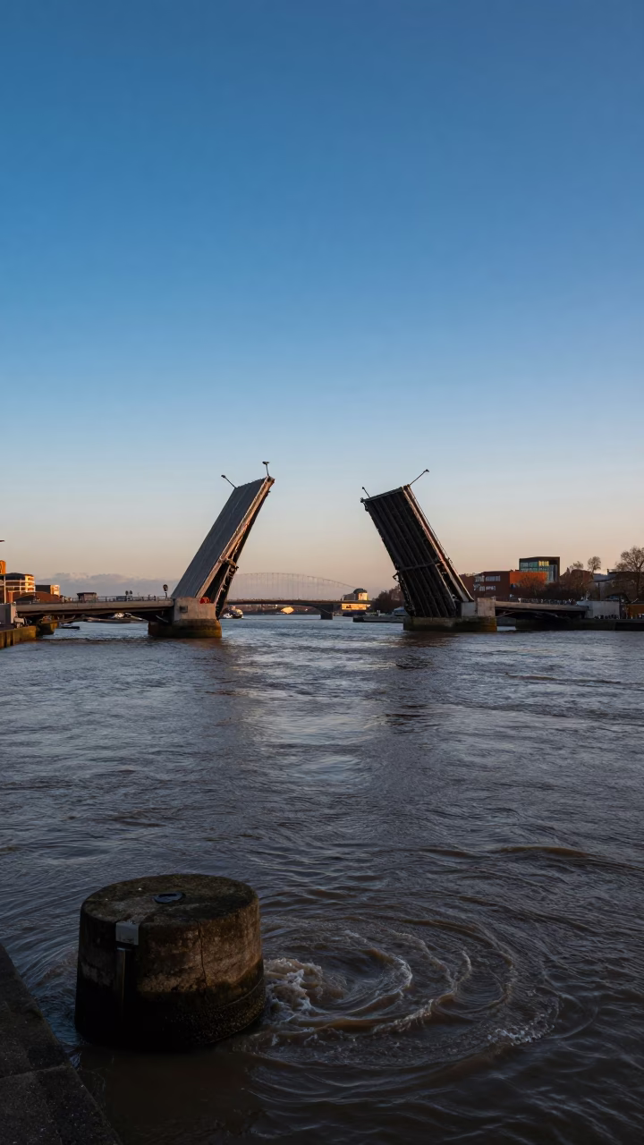 Golden Hour View of Bristol Harbour Bascule Bridge and River From Clifton in in Bristol, United Kingdom