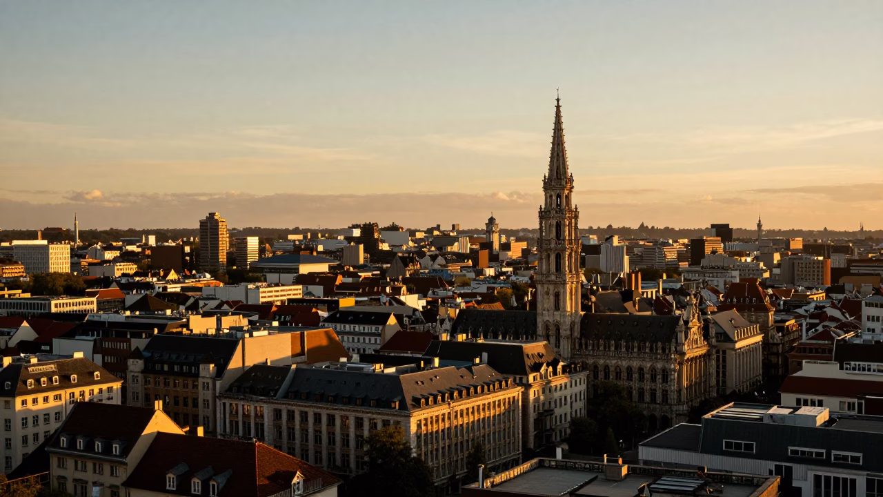 Golden Hour View of Brussels Skyline and Historic Architecture at Sunset in in Brussels, Belgium