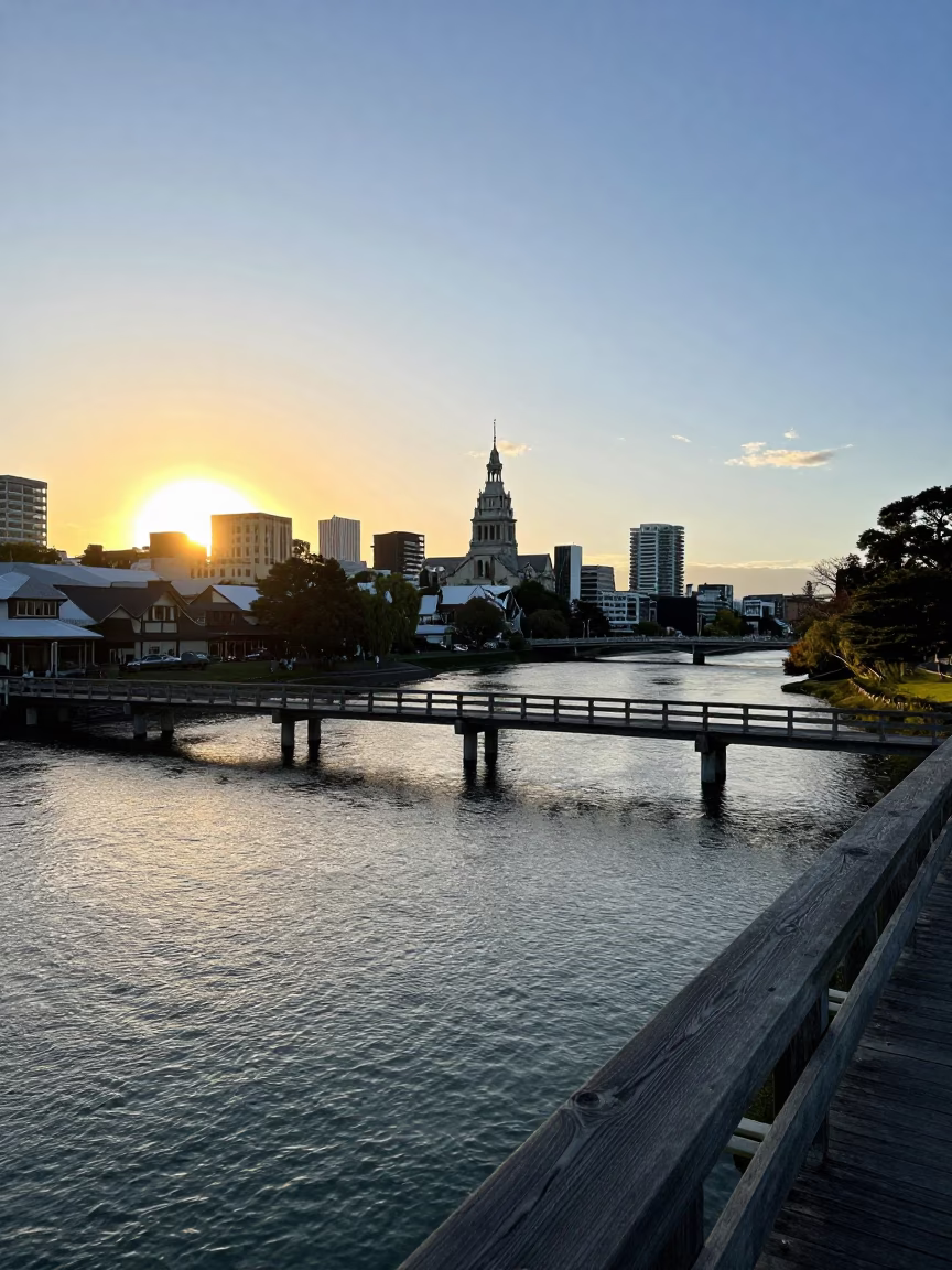 Golden Hour View of Christchurch New Zealand Riverfront with Wooden Bridge and City Skyline in in Christchurch, New Zealand