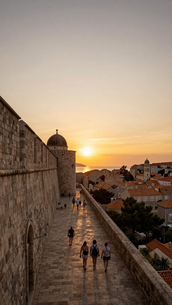 Golden Hour View of Dubrovnik Croatia Stone Walls and Adriatic Sea in in Dubrovnik, Croatia