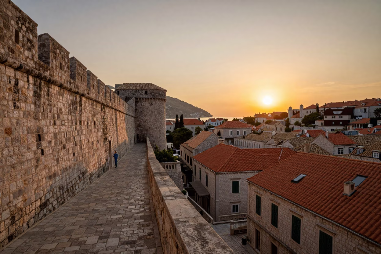 Golden Hour View of Dubrovnik Old Town Stone Walls and Window Boxes with Heliconia in in Dubrovnik, Croatia