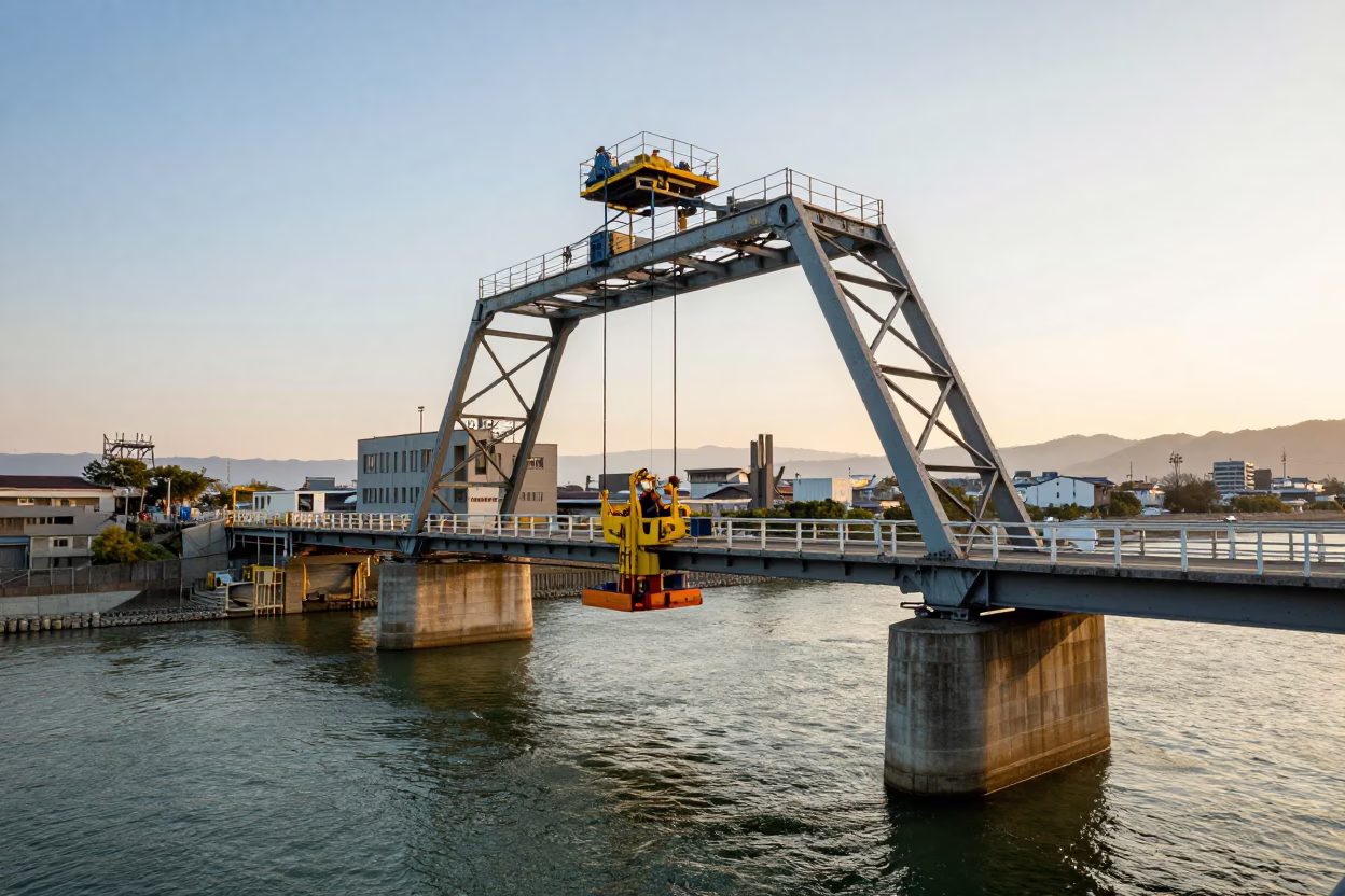 Golden Hour View of Fukuoka Bridge Maintenance Cradle Hanging Over Green River Water in in Fukuoka, Japan