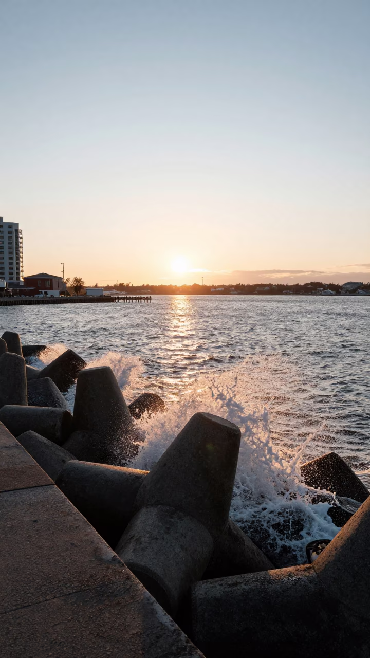Golden Hour View of Halifax Waterfront with Breakwater Tetrapods and Steel Hinges in in Halifax, Nova Scotia, Canada