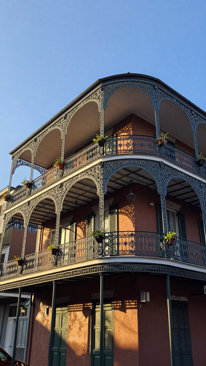 Golden Hour View of Historic New Orleans Balcony and Wrought Iron Detail in in New Orleans, Louisiana, United States