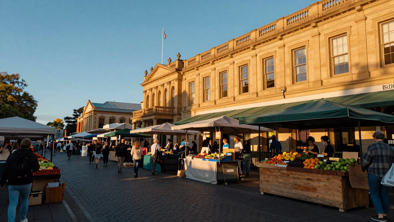 Golden hour view of Hobart's Salamanca Market stalls and historic sandstone buildings in in Hobart, Tasmania, Australia