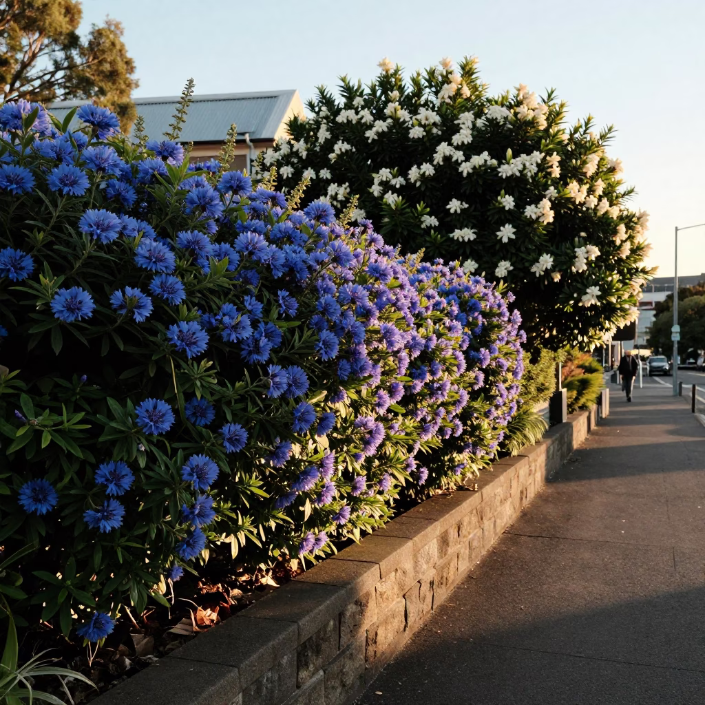 Golden Hour View of Hobart Tasmania Australia with Plumbago Hedge and Gardenia Bush in in Hobart, Tasmania, Australia